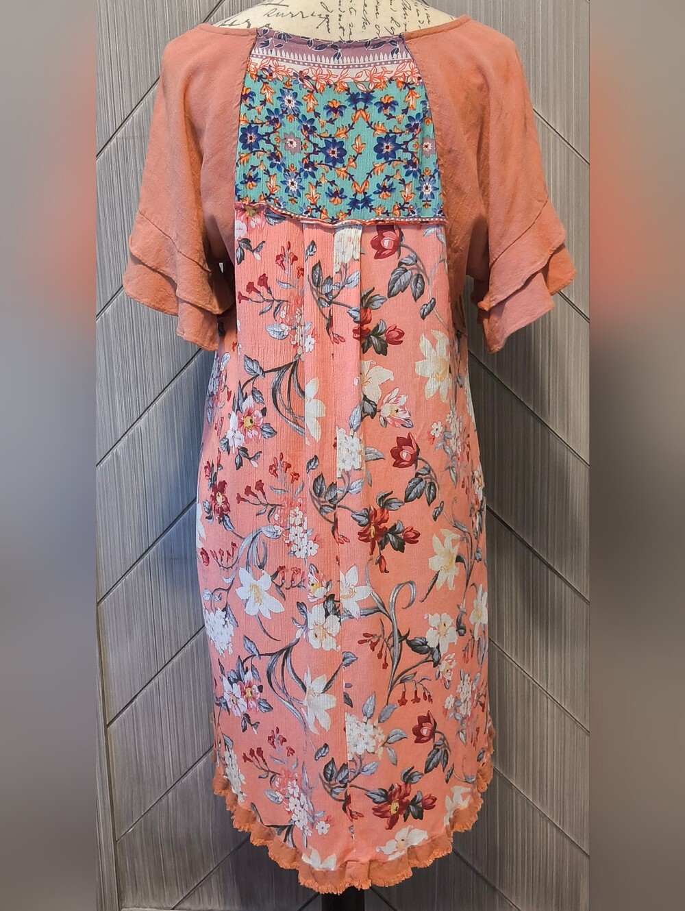 Umgee Coral Floral Midi Dress with Teal Contrast Yoke Size L